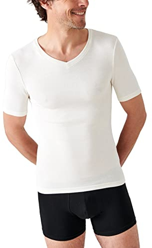 Damart Thermolact V-Neck Short Sleeve Fine Rib T-Shirt Men, Off-White, M