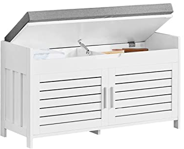 SoBuy Schuhbank Sitzbank mit Stauraum – Truhenbank mit 2 Türen und verstellbaren Einlegeböden – Sitztruhe für Flur & Wohnzimmer – Weiß, 90x50x33cm, 100kg – FSR102-W