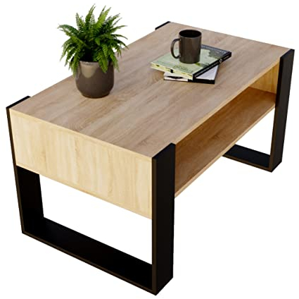 Couchtisch KARO rechteckiger Kaffeetisch aus Holz Modern Teetisch 95 x 53,6 x 45cm massiv und stabil (Bardolino Eiche/Schwarz)
