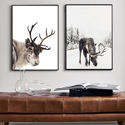 GSHRED Weihnachtsdekor-Poster, Weihnachten, Winter, Elch, Tannenzapfen, Wandkunst, Leinwand, Gemälde, skandinavisches Bild für Wohnzimmer, Heimdekoration, ungerahmt, 50 x 70 cm x 2 Stück