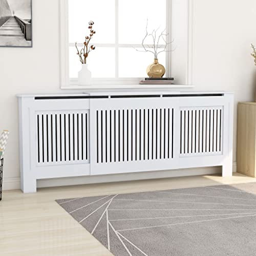 WIFESE HeizköRperverkleidung 205x20.5x81.5 cm Weiß HeizköRperabdeckung Holzgitter HeizköRperverkleidung RippenheizköRper Lamellenwand Holzverkleidung Wand Schließfächer