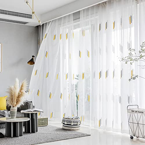 MANQILE Gelbe Stickerei Tüll Vorhänge für Wohnzimmer Schlafzimmer Romantische Gardine für Fenster Küche Garn Voile Vorhänge
