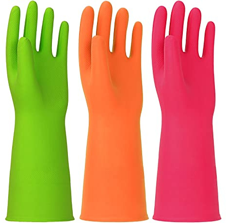 HINSOCHA 3 Pairs Rubber Cleaning Gloves Latex Free Dishwasher Gloves - 13 Inch Reusable Nitrile Gloves Medium, Green+Orange+Red