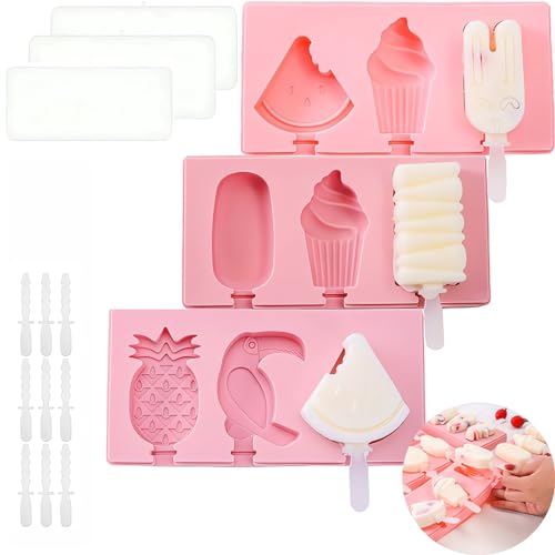 Annewbin Eisformen Silikon mit Deckeln,3 Stück Eis am Stiel Formen,Eisformen Eis am Stiel für Kinder,DIY Mini Eis Formen für Stieleis BPA Frei,mit Viele Formen, Früchte, Tiere