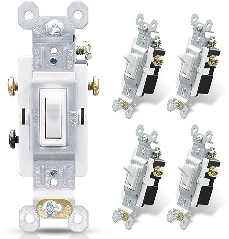 ELEGRP 3 Way Toggle Light Switch, 15 Amp, 120 V, Toggle Framed AC Quiet Switch, in Wall On/Off Switch Replacement, Self-Grounding, Residential and Commercial Grade, UL Listed (5 Pack, Glossy White)