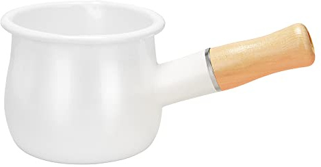 Ocnvlia Enamel Milk Pan, Mini Butter Warmer 10cm Enamelware Saucepan Pan Cookware with Wooden Handle, Perfect Size for Heating Smaller Liquid Portions. (White)