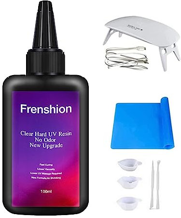 Lampe UV + 100g mise à niveau sans odeur, résine UV dure transparente sans rétrécissement, durcissement rapide, convient à la fabrication de bijoux moulés et enduits DIY + tapis + outils