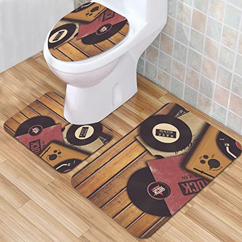 IUBBKI Badezimmermatte, rutschfeste Matte, Spieler, Vinyl-Stil, Disco DJ, Grammophon, Schallplatte auf achtziger Jahren, Badematten-Set, 3-teilig, saugfähig, rutschfest, Badematte, WC-Vorleger,