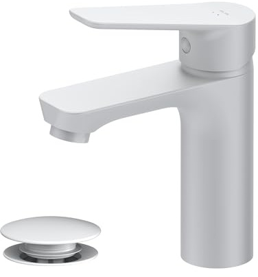 AM.PM Hit FTA82133 - Grifo mezclador monomando para lavabo (100 mm, válvula pop-up, monomando con desagüe y lavabo), color blanco mate
