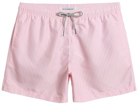 maamgic Mens Swim Trunks 5 Inch with Mesh Lining, Quick Dry Mens Bathing Suit, Swim Shorts for Swimming and Beach, Medium Pink Striped