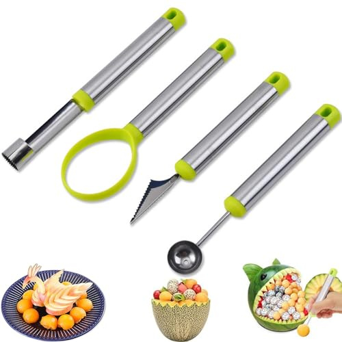 Professionnel 4 en 1 Outils Sculpture sur Fruits, Acier Inoxydable Melon Ball Cuillère, Ensemble CuillèRes à Melon Baller, Vide Pomme, Double Face Fruit Melon Ball Cuillère, pour Faire DIY Fruits