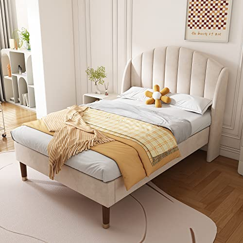 MYBOO Polsterbett 90x200 mit Lattenrost und Samt Kopfteil, Jugendbett, Bettgestell für Erwachsene & Jugendliche, Holzlattenunterstützung, Einfache Montage, Beige