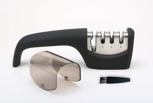 Messerschärfer mit 4 Schleif-Stufen für Messer Scheren professionell ergonomisch Keramikstein, Wolframcarbid-Scheiben, Diamant-Schleifsteine Zübehör Schutzkappe Reinigungspinsel schwarz/chrom