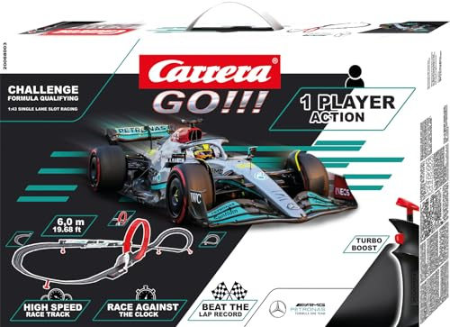 Carrera GO!!! Challenge 20068003UK Formula Qualifying - GO!!! 1 Player Single Lane Slot Racing Track With UK Plug, For Children From 6 Years And Adults,1:43 Scale, 6 Metres, With Lewis Hamilton