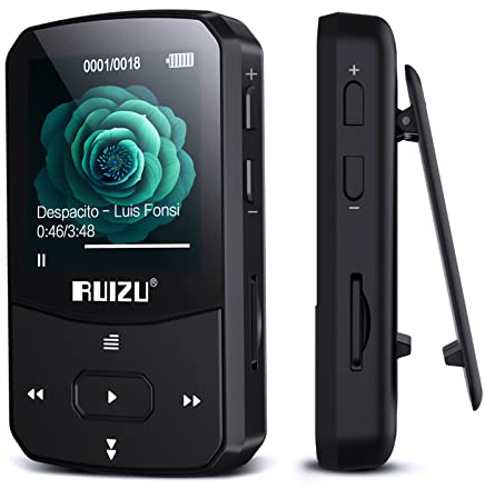 64GB MP3 Player Bluetooth 5.3 Sport mit 1.5 Zoll TFT Farbbildschirm, Mini Musik Player mit Clip, Laufen, UKW-Radio, Recorder, Schrittzähler, A-B-Wiederholung, unterstützt 128GB SD-Karte
