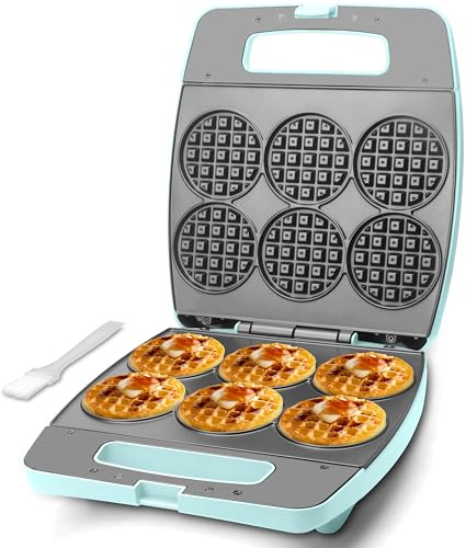 Baker's Friend Multi Mini Waffle Maker & Iron, Waffle Machine, Bake 6 x 3 Inch Small Waffles, Perfect for Families and Individuals Use, Excellent for Breakfast, Brunch & Events, 230V, UK Plug, Aqua