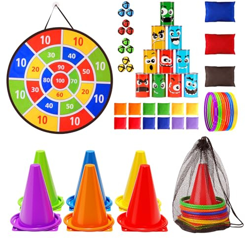 Redllo 58PCS Carnival Games Combo Set, Dart Board Knock Down Can Bean Bag Toss Game Party Indoor Outdoor Birthday Party Fall Festival Field Day for Kids Adults Yard Plastic Cones Outside Games