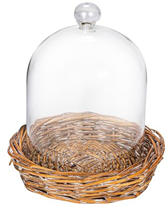Creative Co-Op Round Glass Cloche with Woven Willow Base, Clear