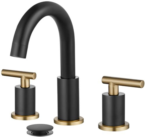 gotonovo 3 Hole 2 Handles Lavatory Basin Bathroom Sink Faucet with Pop Up Drain with Hot and Cold Mixer Valves 8 Inch Widespread Bathroom Faucet Black and Gold