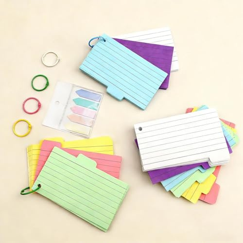 SPRHR 300 Stück Linierte Karteikarten, 13 x 7 cm Lernkarten | Vokabelkarten Mit Pfeilindex-Aufkleber in 5 Farben, Index Cards mit 6 Ring, für Schule, Zuhause, Lernen Notizen