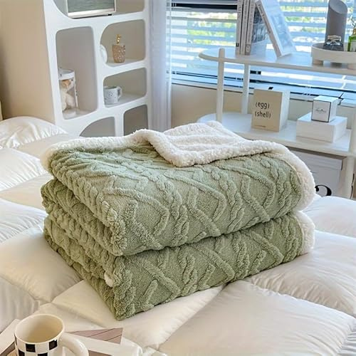 CHARMCRAFTERS Taffeta Lambswool Fleece Plush Blanket 200x230cm for Couch Sofa Super Soft Dual Sided Fuzzy Fluffy Thick Warm Winter Blanket Suitable for Bedroom Sofa Camping(Green