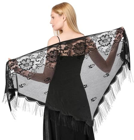Giantree Halloween Damen Spitze Stola, Damen Blumen Umhang Schal, Halloween Kostüme Halloween Dreieckstuch Mesh Schals Stola für Hochzeit Abendkleider Party Braut (schwarz)