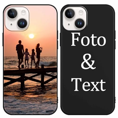 Yoedge Personalisierte Handyhülle für iPhone 15 Hülle Personalisiert 6,1, Schwarz Hülle mit Eigenem Foto Bedrucken Bild Text Individuelle Schutzhülle Selbst Gestalten für iPhone 15