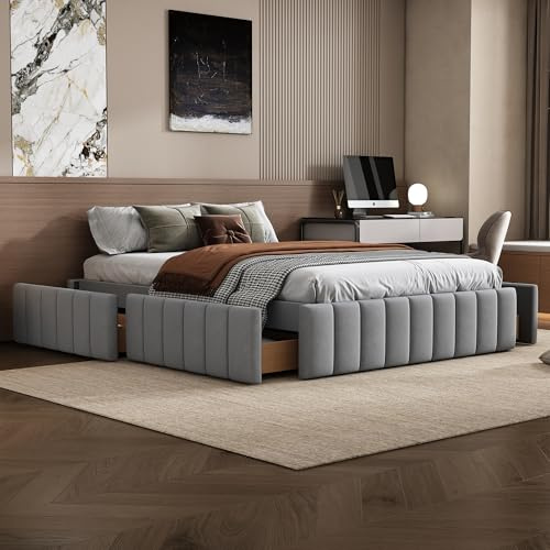 Merax Bettgestell 140x200 cm Polsterbett ohne Kopfteil mit Lattenrost und 4 Schubladen, minimalistisches Design, Grau, Samt, Ohne Matratze