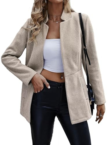 Jhsnjnr Donna Aperto Anteriore Elegante Blazer Manica Lunga Collo Alto Caldo Giacca Lunga Cappotto Business Tweed Tuta Giacca, albicocca, L