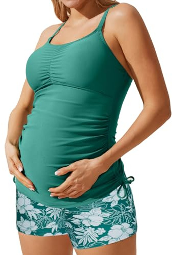 Maacie Maternity Swimwear Tankini Sets Pregnancy Swimsuits with Boyshorts Green & Flowers M