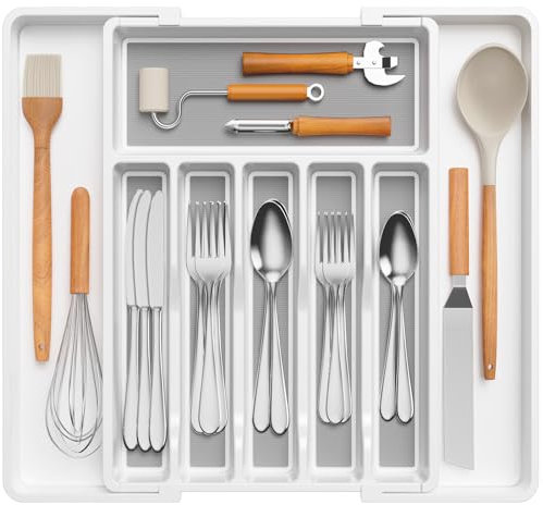 Lifewit Cutlery Drawer Organiser, 33-56.8x42.4cm Expandable Cutlery Tray with TPR Non-Slip Inserts for Storage Utensil Spoon Fork Knives, White&Grey