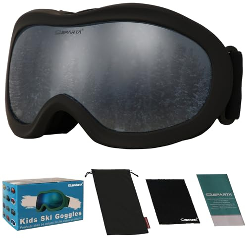 OUTDOORSPARTA Kids Ski Goggles, Kids Snowboarding Goggles for Boys Girls Toddler Age 3-14 with 100% UV Protection (8. Black Frame, Full Lens Mirrored Silver)