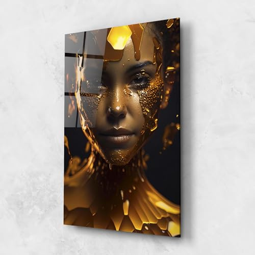 ARTHUB® Glasbild 70x100 cm, 4mm ESG | Moderne Wandbilder aus Glas für Wohnzimmer & Schlafzimmer, Wanddekoration, Wohnkultur, Frauen, Gold Honeycomb Girl