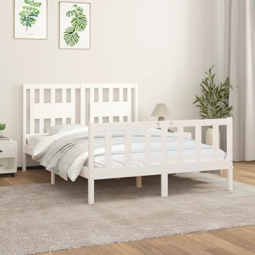 Myheimly Massivholzbett Bettgestell Doppelbett Bettrahmen Bett Schlafzimmerbett Schlafzimmermöbel mit Kopfteil Weiß Kiefer 140x200cm