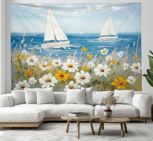 CEDNXOER Weißes Segelboot Wandteppich, Ölgemälde Blumen Blütenblätter aus Weiches Mikrofaser Stoff, 150×200cm Wandbehang Wandteppich Wohnzimmer Schlafzimmer Wohnheim Hintergrund