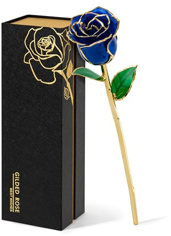 Mikasol Rosa Realistica Placcata in Vero Oro 24K – Fiore con Base a Cuore Puzzle – Regalo Romantico per Lei, Moglie, Fidanzata, Mamma – Compleanno, Anniversario, Festa della Mamma (Blu)