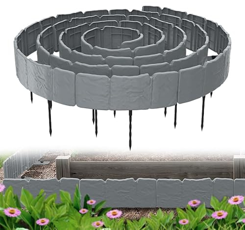 Aufun 20 Stück Rasenkante Beeteinfassung in Steinoptik 5 m Grau | mit Erdanker Beetumrandung Mähkante Randsteine aus Kunststoff, Gartenpalisade Gartenzaun für Garten Border Blumenbeet