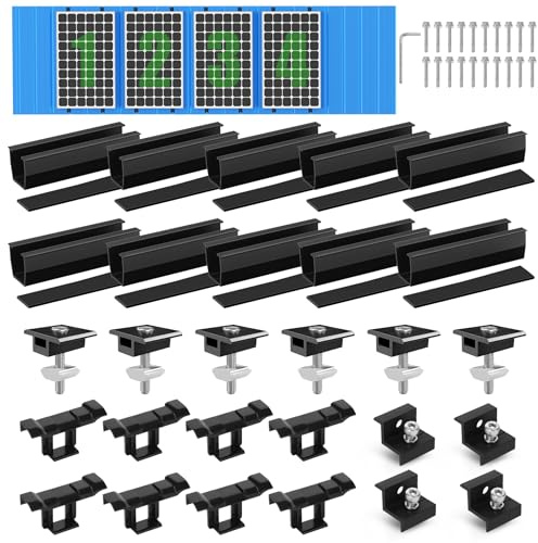 BOSYTRO Solarmodul Halterung Montageset, PV Halterung für 4X Module, 12CM Schwarze Schiene+Solarpanel Wasserablauf Clips 30MM+Verstellbare Klemme für 30-35MM Dicke Module für Flachdach Trapezblech