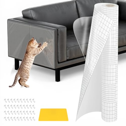 Protector Sofa Gatos Arañazo, 5m x 45cm, Fundas de Sofa Anti Gatos con 40 Tornillos y 1 Rascador, Fuerte Adherencia, Antiarañazos Sofa, Plastico Protector Puertas Arañazos Perro para Muebles Pared