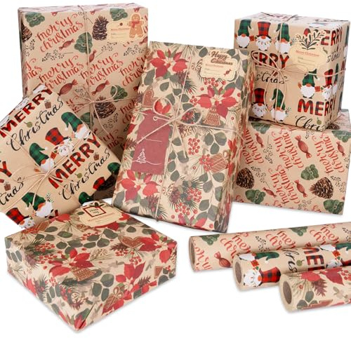 Larcenciel 3 Rollos de Papel Regalo Navidad Kraft, Papel de Regalo Vintage + Etiqueta + Pegatina + Cuerda de Yute, Papel Kraft Marron con Dulces de Piñones, Hojas de Árbol para Año Nuevo, 43cm x 3m