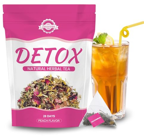 Detox Tea - 28 Days Herbal Tea | Natural Wellness Tea with Green Tea & Dandelion | Gentle Cleanse & Metabolism&Healthy Weight Support | Vegan, Caffeine-Free, Peach Flavour
