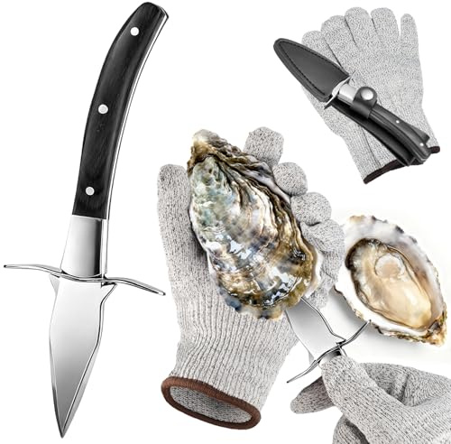 QUMMFA Professional Oyster Shucking Knife, 2CR13 Stainless Steel Oyster Knife, Sturdy Sharpness Opener for All Kinds of Shells, and Level 5 Cut Resistant Glove (XL)