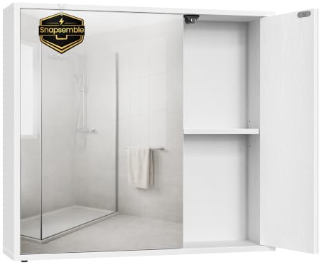 SONGMICS HOME Mobiletto da Bagno con Specchio, Snapsemble Montaggio Rapido, Specchio con Vano Contenitore, Ripiani Regolabili e Ante, Moderno, 15 x 60 x 55 cm, Bianco Neve BBC114WE01