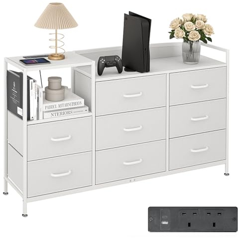 Bedroom Chest of Drawers,Storage Drawers for Bedroom with 1USB , 1 Type-C and 2AC Ports,Contains 8 Fabric Drawers Multi-functional Fabric Drawers Suitable for Bedrooms,Living Rooms,TV Stand (grey)