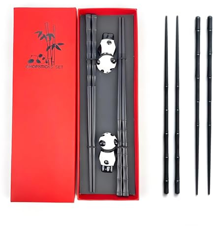Rayakt 2 Pairs Fiberglass Chopsticks Set, Reusable Panda Chopstick with Ceramic Panda Rest, Dishwasher Safe Chop Sticks for Sushi, Noodles, Ramen, Rice, Gift Box Set for Food Lovers