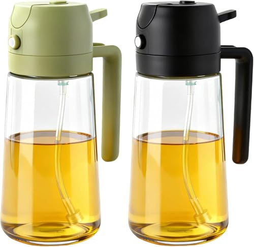 AMOYOX Glasölsprüher zum Kochen, 470 ml, 2-in-1-Ölspender mit Etikettenaufklebern und Portionskontrolle, Küchenhelfer für Luftfritteuse, Salat, Grillen, Braten (schwarz + grün), 2 Stück