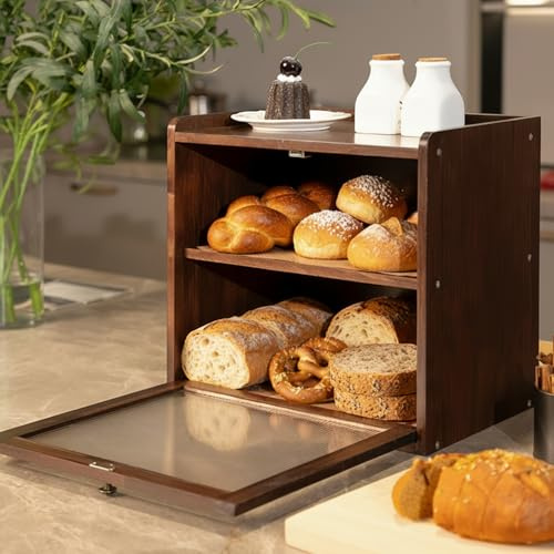 CheerPals Pine Wood Bread Bin Large with 50 Deli Paper, Wooden Bread Boxes with Ventilation, Lunch Box for Bread & Fruit, Aesthetic Storage Box for Kitchen, 36 x 24 x 34 cm, 3.5 kg