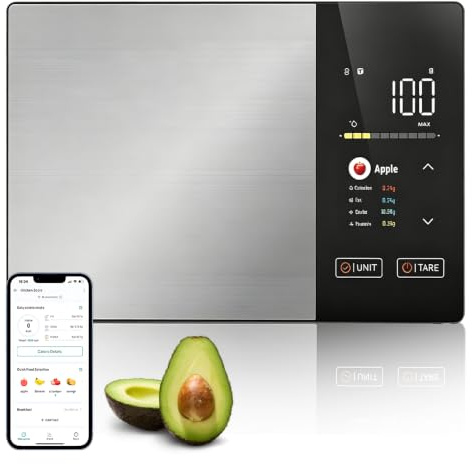 Küchenwaage Digital, SGZIOO Food Scale, Lebensmittelwaage mit TFT Farbdisplay Kalorienrechner Kostenlose App Verfolgt 20+ Nährstoffe, Bluetooth Küchenwage aus Edelstahl für Diät Fitness, 5kg Kapazität