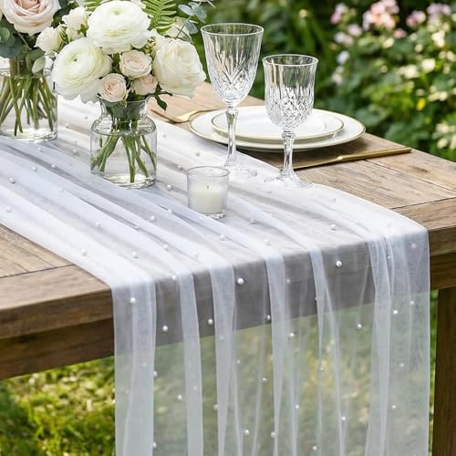 Pearl Tulle Table Runner Sheer Mesh Overlay with Faux Pearls 300cm Long Elegant Fabric Centrepiece for Wedding Reception Banquet Anniversary Christmas Dining Decoration Romantic Boho Event Decor -