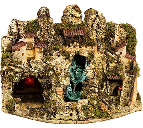 Holyart Étables crèche et Grottes: Grotte crèche Noel avec Cascade, feu, Maisons